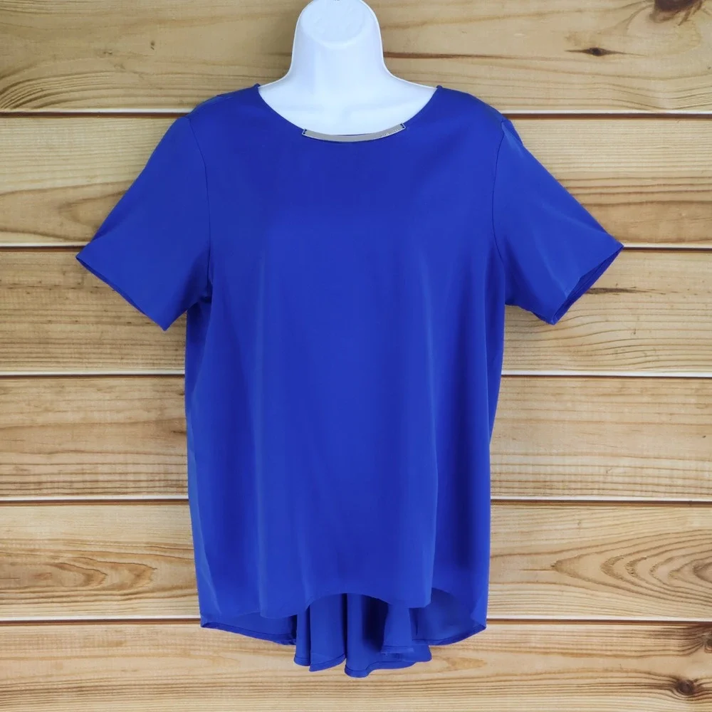 Michael Kors Blouse Shirt Womens 10 Blue Pleated Back Short Sleeves Lightweight